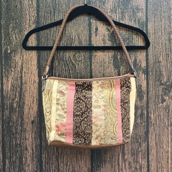 Relic Patchwork Tapestry Faux Leather Boho Shoulder Bag Braided Handle FLAWS - Picture 2 of 12